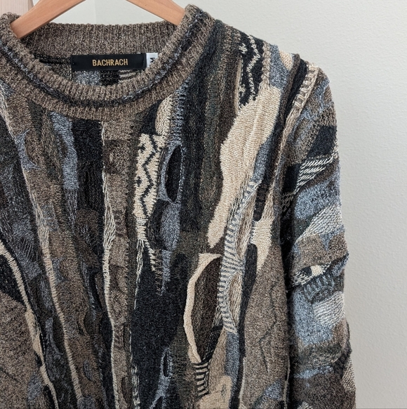 Vintage 90's Coogi Style Abstract Texture Chunky Crewneck Sweater In Tan/Black - Picture 2 of 8